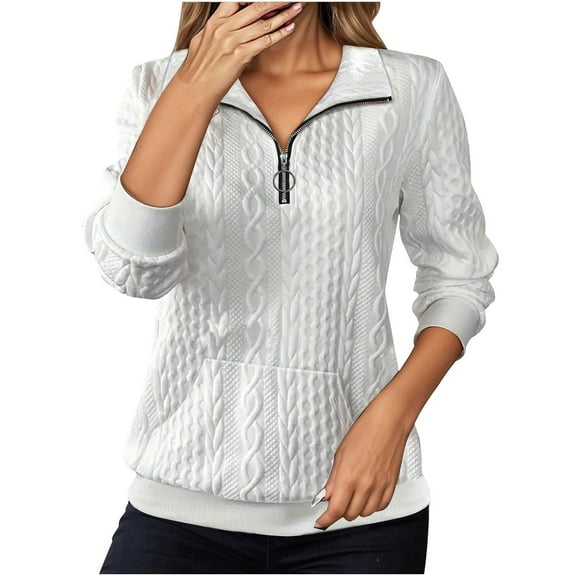 Fiaer Quarter Zip Women Sweatshirts Plus Size Long Sleeve V Neck Pullovers Loose Fit Casual Fashion Lapel Collared Pocket Tops White S