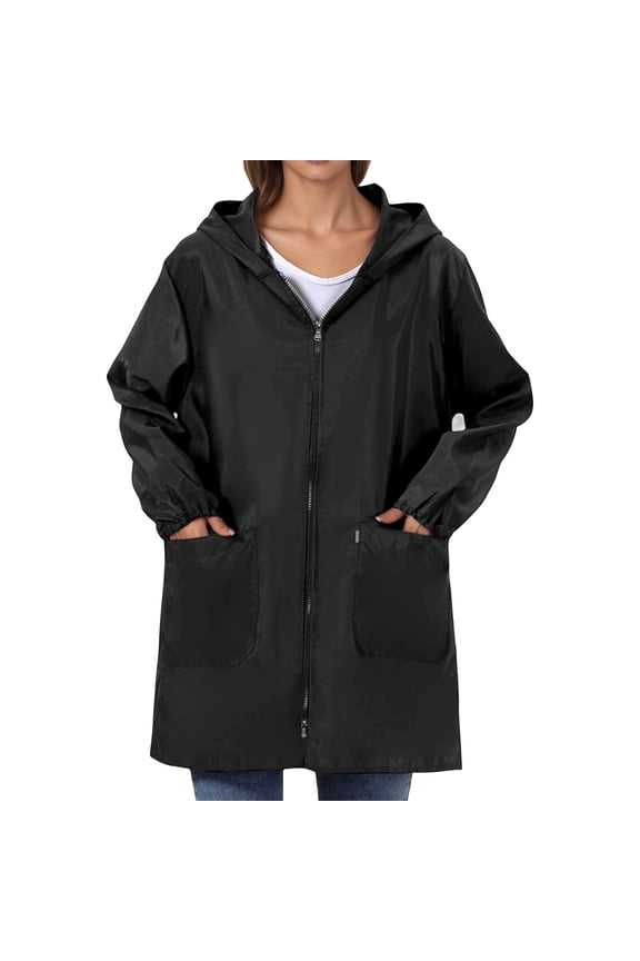 Rain Jacket Women Oversized Black Windbreak Waterproof Raincoat Full Zip up Long Sleeve Pocket Hooded Tops Black XXL