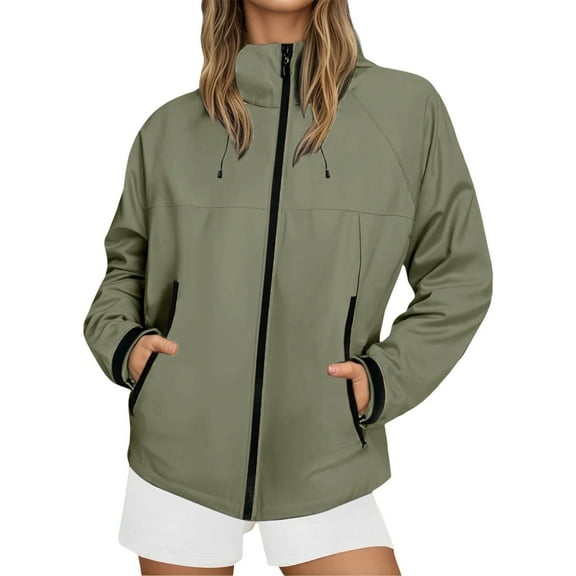 Fiaer Rain Jacket Women Waterproof Windbreaker Hooded Tops Oversized Full Zip up Long Sleeve Lightweight Outdoor Jackets Army Green S