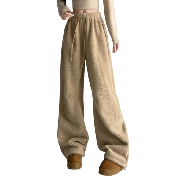 Fiaer Reversible Pants for Women High Waisted Wide Leg Thermal Winter Casual Trousers Cozy Comfort Lace up Solid Slacks Khaki M