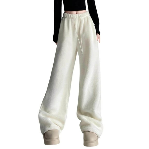 Fiaer Reversible Pants for Women High Waisted Wide Leg Thermal Winter Casual Trousers Cozy Comfort Lace up Solid Slacks White M