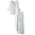 thumbnail image 1 of Fiaer,Satin 3/4 Sleeve Pajamas Sets for Women,Ladies V Neck T Shirts Wide Leg Pants,Women's Loose Fit Ruffle Sleeve Sleepwear 2 Piece,Womens Solid Color Pjs,Lounge Wear White M, 1 of 6