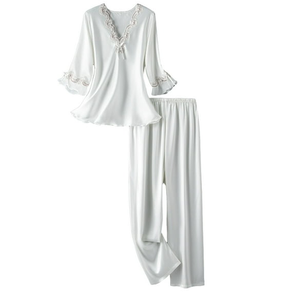 Fiaer,Satin 3/4 Sleeve Pajamas Sets for Women,Ladies V Neck T Shirts Wide Leg Pants,Women's Loose Fit Ruffle Sleeve Sleepwear 2 Piece,Womens Solid Color Pjs,Lounge Wear White M