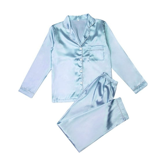 Fiaer,Satin Lounge Pajamas Sets for Women,Women's V Neck Long Sleeve Pants Sleepwear 2 Pieces,Womens Trendy Going out Loose Fit Pjs Blue XL