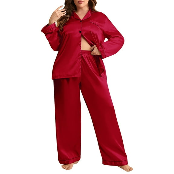 Fiaer,Satin Oversized Pajamas Sets for Women,Womens Long Sleeve Button down Pants Sleepwear 2 Piece,Lounge Wear,Women's Casual Trendy Loose Fit Pjs Red XXXXXL
