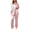thumbnail image 1 of Fiaer,Satin Pajama Sets for Women,Womens Plus Size Loose Fit Lounge Wear Sets,2 Piece Sets for Long Sleeve Shirts and Wide Leg Pants Pink1 L, 1 of 4