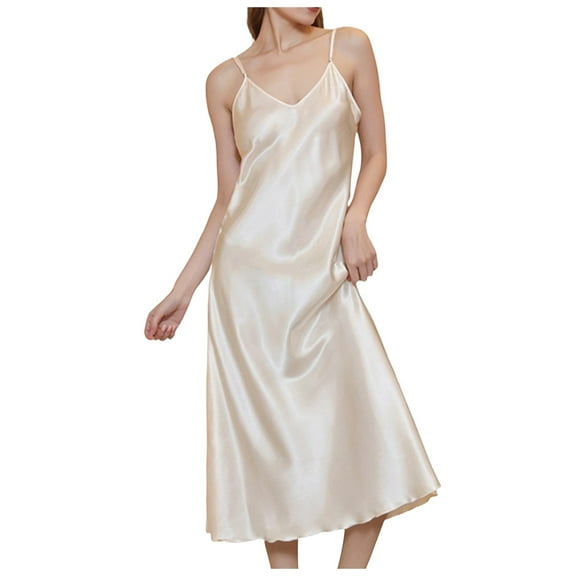Fiaer,Sexy Deep V Neck Chemise Nightgowns for Women,Ladies Loose Fit Adjustable Sleeveless Pajamas,Women's Lightweight Trendy Spaghetti Strap Sleepwear Light Yellow XL