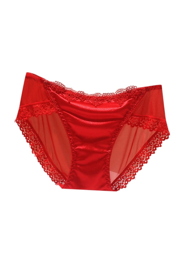 ,Sexy Lace Satin Underwear for Women,Womens Mid Rise Lace Trim Briefs Trendy Transparent Seamless Breathable Comfy Panties Red L