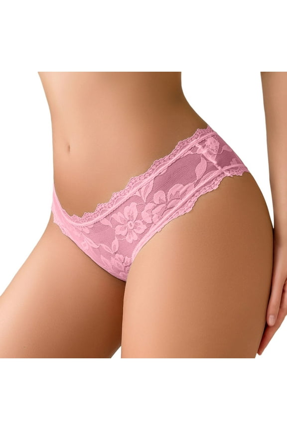 ,Sexy Thong for Women Lace Panties Low Waist Lightweight Briefs Sheer Comfort Breathable Fashion Triangle Underwear Pink L