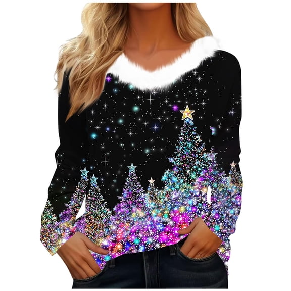 Fiaer Shine Crhistmas Tree Tshirts for Women V Neck Fall Winter Long Sleeve Xmas T Shirts Loose Fit Trendy Holiday Tops Black M