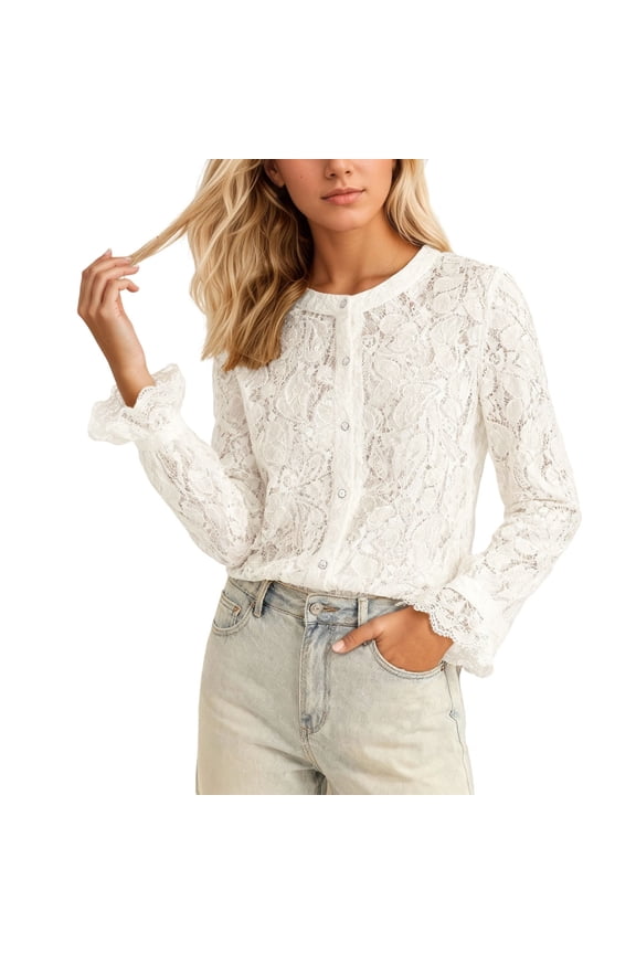 Shirts for Women Lace Long Sleeve Button down Blouses Crew Neck Loose Fit Trendy Ruffle Sleeve Tops Beige_X XL