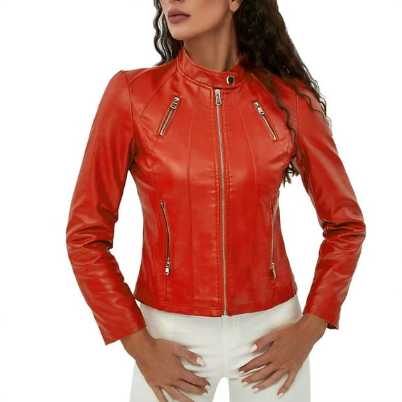 Fiaer,Slim Fit Leather Jackets for Women,Womens Full Zip Crew Neck Long Sleeve Casual Trendy Pleated Motorcycle Tops with Zipper Pockets Red S