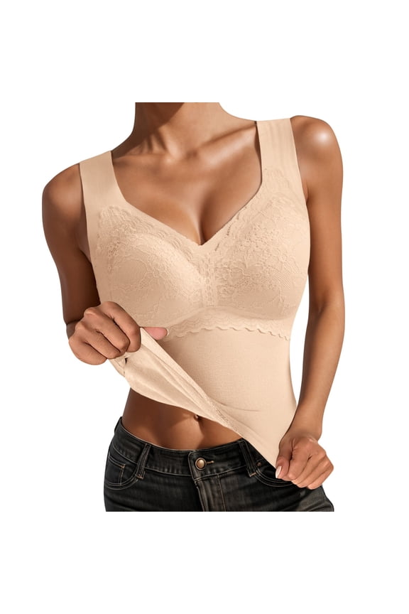 Cami Lace Shapewear Tank Tops with Built in Bra for Women Tummy Control Camisole Body Shaper V-Neck Oversized Solid Color Vest Beige XXL