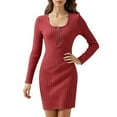 thumbnail image 1 of Fiaer Sweater Dresses Womens Pocket Quarter Zip Plus Size Scoop Neck Long Sleeve Warm Casual Trendy Solid Ribbing Mini Dress Red XL, 1 of 6