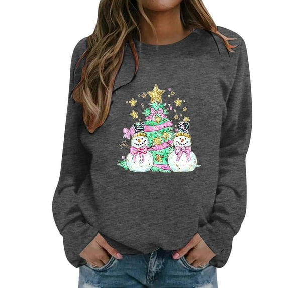 Fiaer Snowman Sweatshirts for Women Christmas Crew Neck Xmas Tops Cozy Plus Size Cute Graphic Long Sleeve Holiday Tops Dark Gray XL