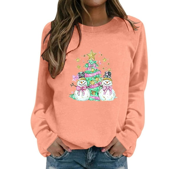 Fiaer Snowman Sweatshirts for Women Christmas Crew Neck Xmas Tops Cozy Plus Size Cute Graphic Long Sleeve Holiday Tops Watermelon Red XL