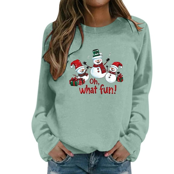 Fiaer Snowman Womens Sweatshirts Christmas Crew Neck Long Sleeve Pullover Plus Size Baggy Fashion Cozy Holiday Tops Light Green XXL