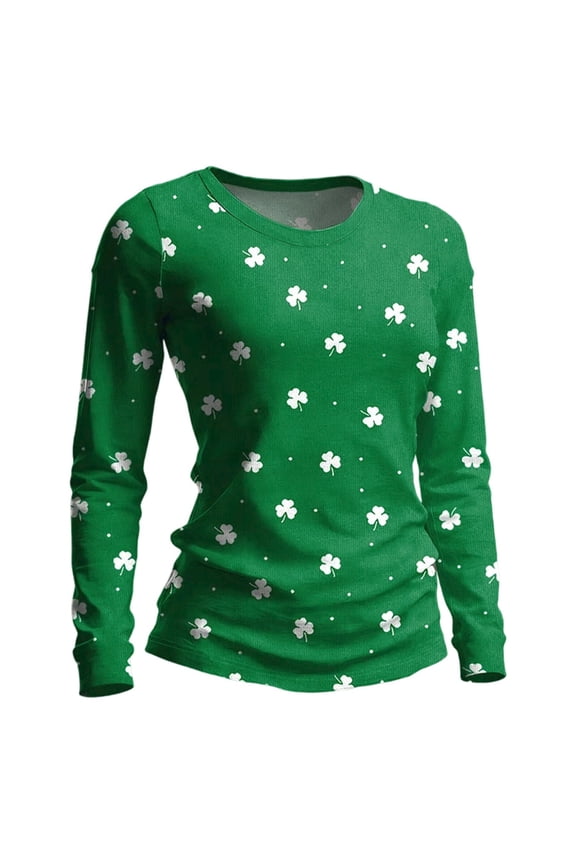 St Patrick's Day Shirt for Women Crew Neck Shamrock Graphic Long Sleeve Tees Casual Tunic Tops Green L