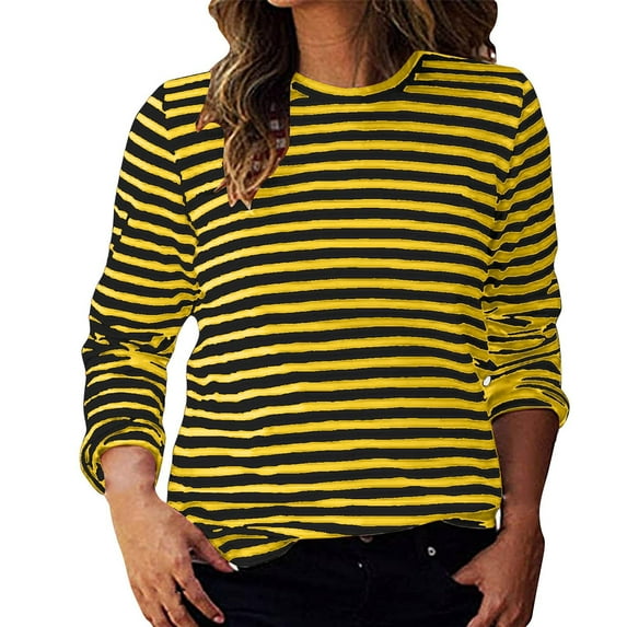 Fiaer Stripes Oversized Women T Shirts Crew Neck Long Sleeve Tshirts Baggy Fall Casual Color Blocking Tops Yellow XL