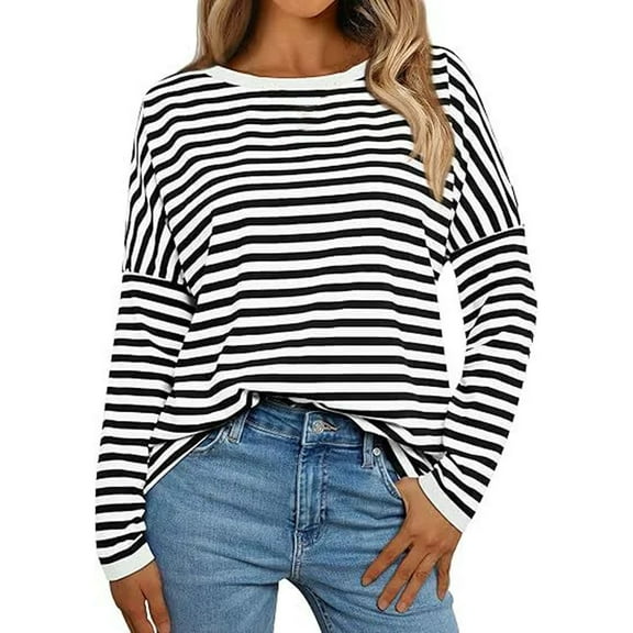 Fiaer Stripes Women Long Sleeve T Shirts Plus Size Crew Neck Tshirts Fall Raglan Sleeves Loose Fit Casual Tops for Daily Black M