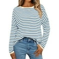 thumbnail image 1 of Fiaer Stripes Women Long Sleeve T Shirts Plus Size Crew Neck Tshirts Fall Raglan Sleeves Loose Fit Casual Tops for Daily Light Blue L, 1 of 4