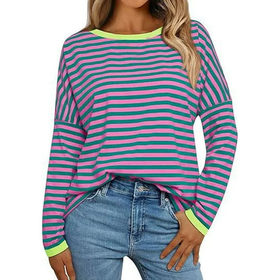 Fiaer Stripes Women Long Sleeve T Shirts Plus Size Crew Neck Tshirts Fall Raglan Sleeves Loose Fit Casual Tops for Daily Purple XXL