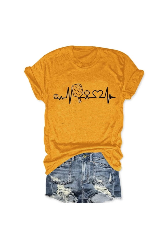 Summer T Shirts for Women Heartbeat Printed Graphic Tops Casual Short Sleeve Classic Comfy Tees Yellow XXL