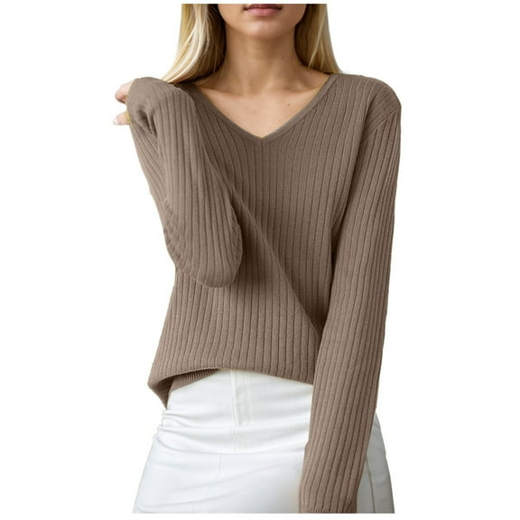 Fiaer Sweater for Women V Neck Trendy Long Sleeve Lightweight Casual Loose Fit Plus Size Warm Knit Tops Khaki XXL