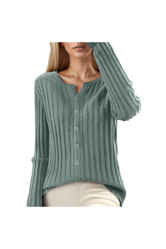 Sweaters for Women Trendy Long Sleeve V Neck Button down Warm Comfort Fall Winter Loose Fit Tops Green S