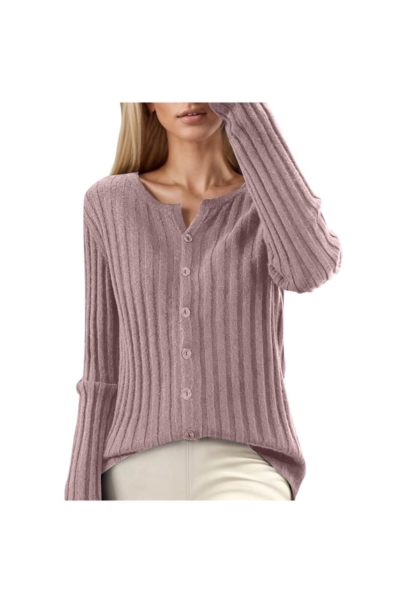Sweaters for Women Trendy Long Sleeve V Neck Button down Warm Comfort Fall Winter Loose Fit Tops Pink L