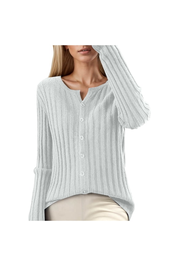 Sweaters for Women Trendy Long Sleeve V Neck Button down Warm Comfort Fall Winter Loose Fit Tops White S
