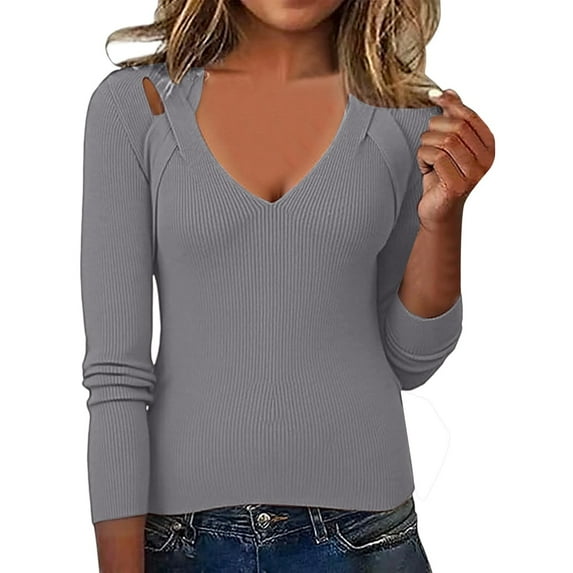 Fiaer Sweaters for Women V Neck Ribbed Slim Fit Hollow out Solid Color Long Sleeve Trendy Stretch Comfort Knit Tops Grey XL
