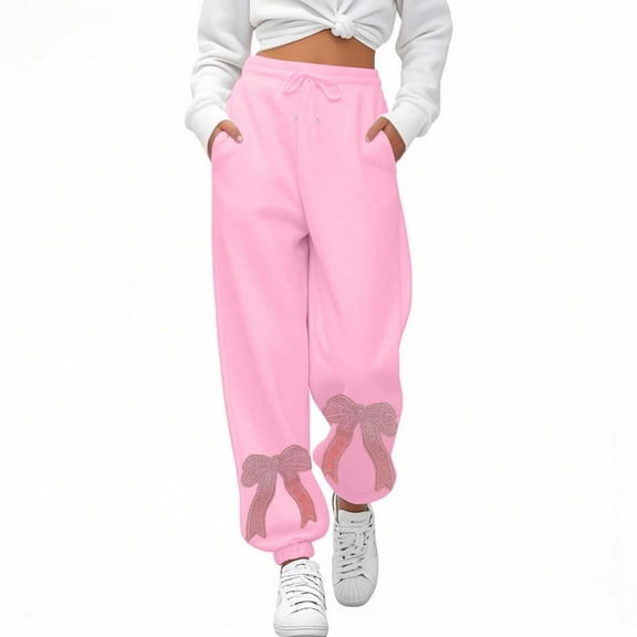 Fiaer Sweatpants Women Embroidered Bow Print Fashion Pants Plus Size High Waist Casual Loose Fit Comfy Drawstring Trousers with Pocket Pink M