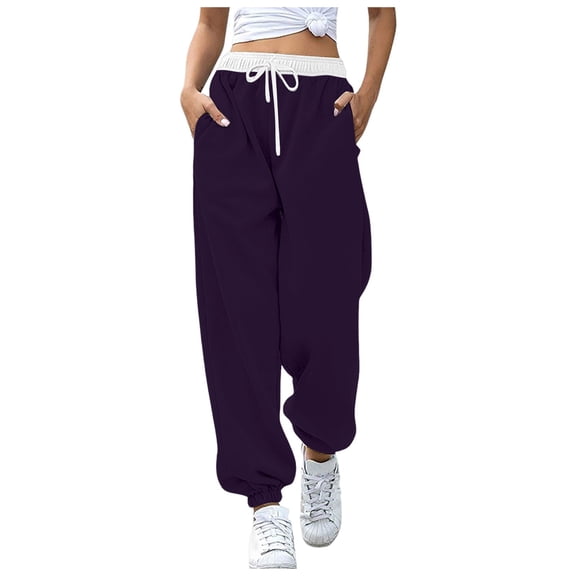 Fiaer,Sweatpants Women Pockets Winter Fall Fashion Baggy Lounge Pants Plus Size High Waisted Joggers Dark Purple S
