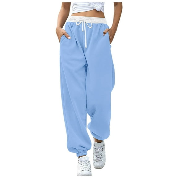Fiaer,Sweatpants Women Pockets Winter Fall Fashion Baggy Lounge Pants Plus Size High Waisted Joggers Light Blue1 L