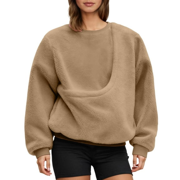 Fiaer Sweatshirt for Women Pet Pouch Long Sleeve Pullovers Animal Holder Plus Size Loose Fit Solid Color Tops Khaki M