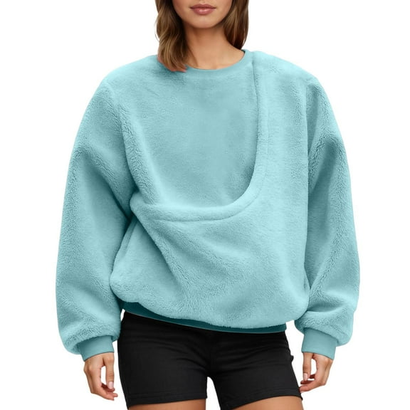 Fiaer Sweatshirt for Women Pet Pouch Long Sleeve Pullovers Animal Holder Plus Size Loose Fit Solid Color Tops Sky Blue M