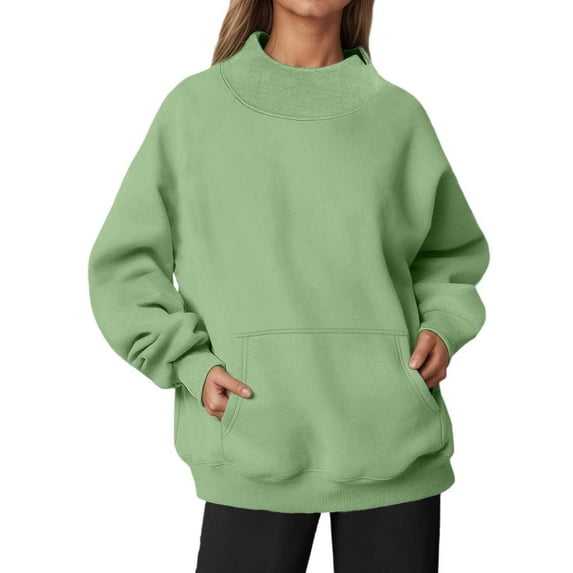 Fiaer Sweatshirts Womens Oversized Crew Neck Pullovers Long Sleeve Solid Color Warm Fashion Pocket Tops Green M