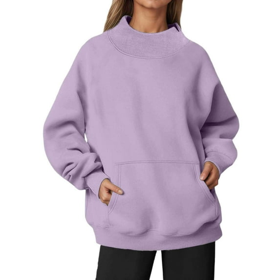 Fiaer Sweatshirts Womens Oversized Crew Neck Pullovers Long Sleeve Solid Color Warm Fashion Pocket Tops Purple XL