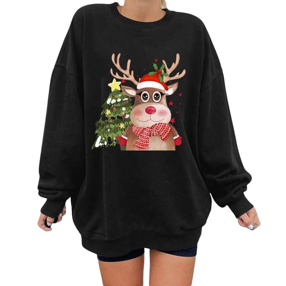 Fiaer Sweatshirts for Women Christmas Funny Graphic Pullovers Cute Graphic Crew Neck Long Sleeve Leisure Xmas Tops Black S