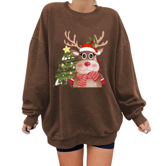 Fiaer Sweatshirts for Women Christmas Funny Graphic Pullovers Cute Graphic Crew Neck Long Sleeve Leisure Xmas Tops Coffee S