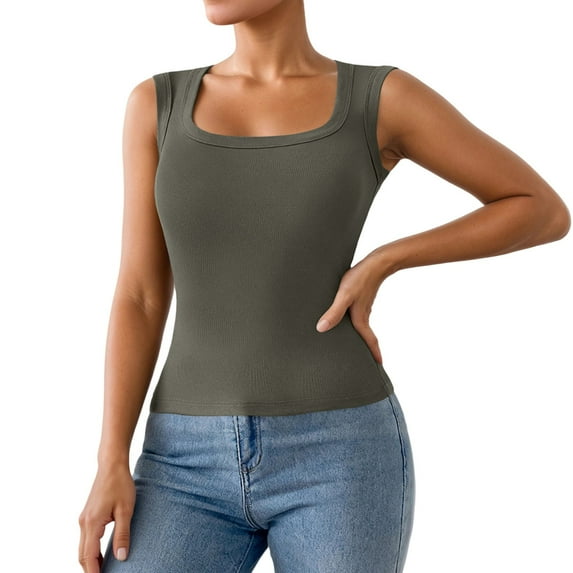 Fiaer Tank Tops for Women Scoop Neck Sleeveless Casual Solid Color Comfy Slim Fit Seamless Wide Strap Camisole Stretch Tops Army Green S