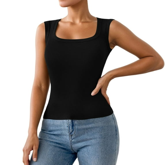 Fiaer Tank Tops for Women Scoop Neck Sleeveless Casual Solid Color Comfy Slim Fit Seamless Wide Strap Camisole Stretch Tops Black L