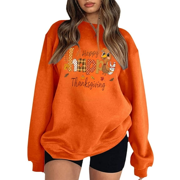 Fiaer Thanksgiving Sweatshirts for Women Cute Turkey Happy Graphic Plus Size Pullovers Crew Neck Long Sleeve Tops Orange XL