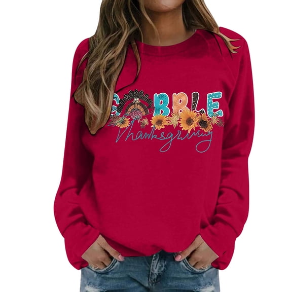 Fiaer Thanksgiving Sweatshirts for Women Plus Size Crew Neck Long Sleeve Pullover Letter Floral Graphic Baggy Tops Red S