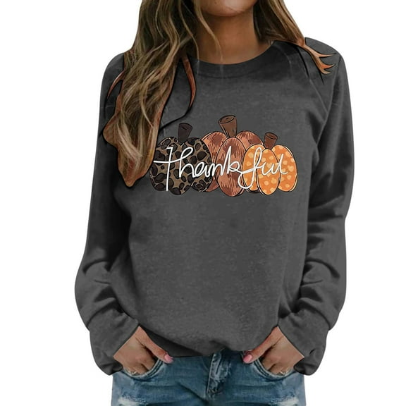 Fiaer Thanksgiving Sweatshirts for Women Pumpkin Graphic Plus Size Pullover Crew Neck Long Sleeve Baggy Tops Dark Gray M