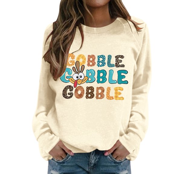 Fiaer Thanksgiving Women Sweatshirts Letter Graphic Plus Size Pullover Long Sleeve Fashion Crew Neck Baggy Tops Beige S