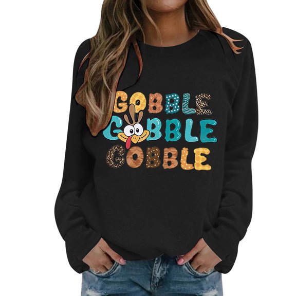 Fiaer Thanksgiving Women Sweatshirts Letter Graphic Plus Size Pullover Long Sleeve Fashion Crew Neck Baggy Tops Black S