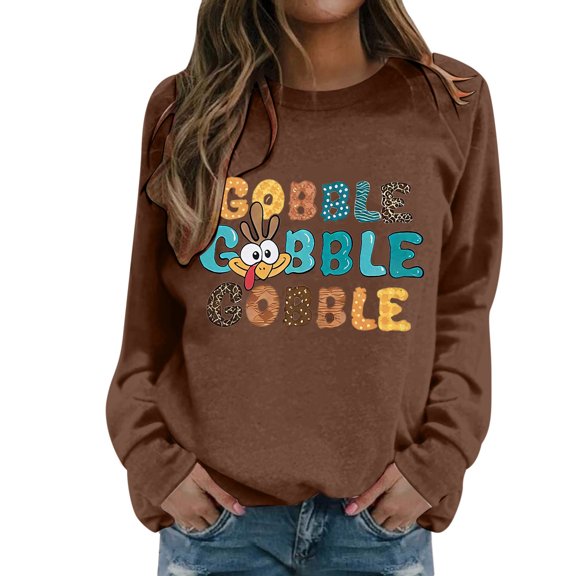 Fiaer Thanksgiving Women Sweatshirts Letter Graphic Plus Size Pullover Long Sleeve Fashion Crew Neck Baggy Tops Coffee S