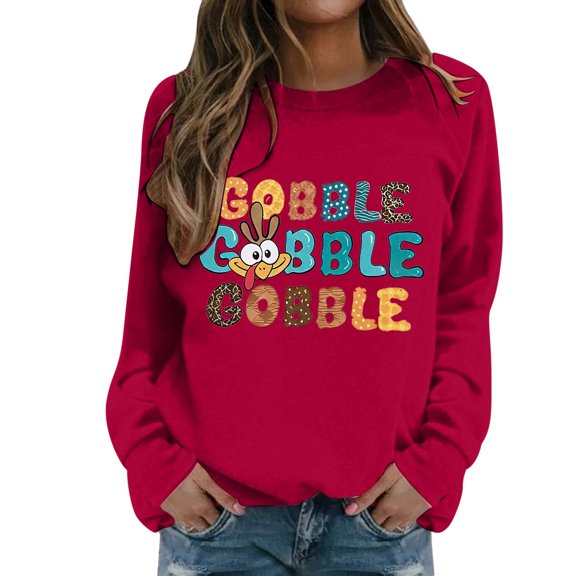 Fiaer Thanksgiving Women Sweatshirts Letter Graphic Plus Size Pullover Long Sleeve Fashion Crew Neck Baggy Tops Red S